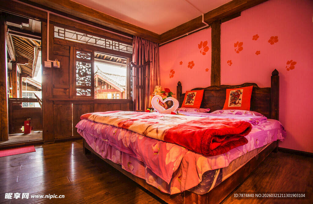 粉色温馨卧室床铺场景