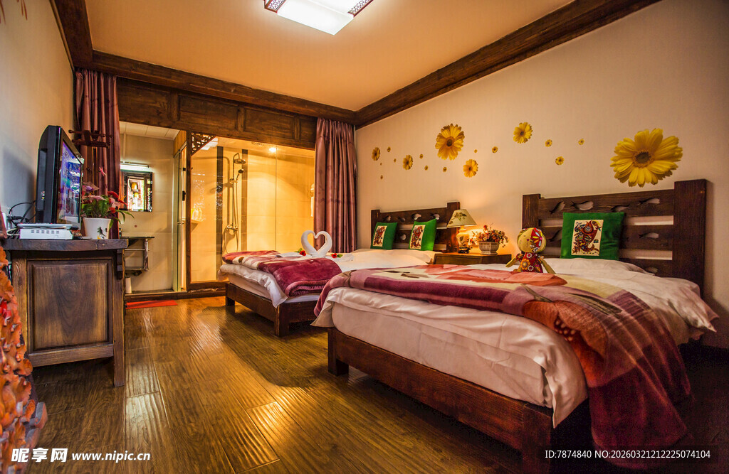 温馨双床民宿客房场景