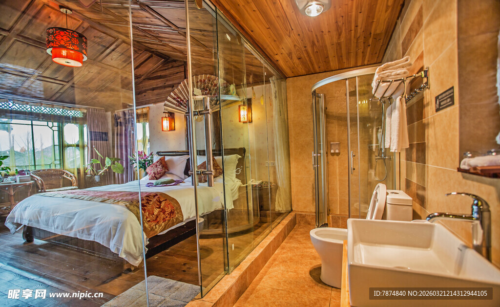 温馨木质风卧室浴室一体化空间