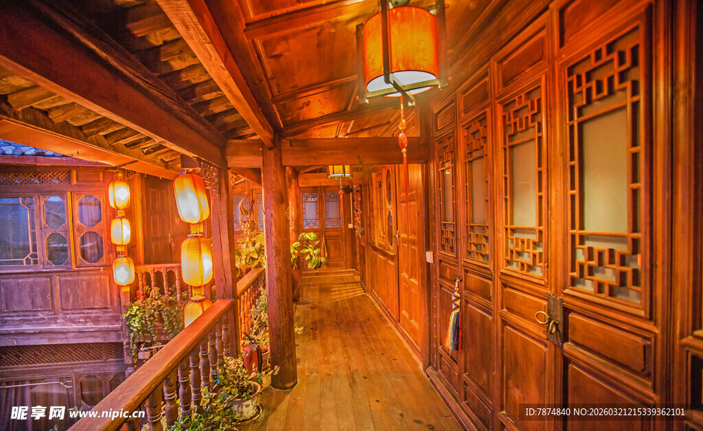 古雅中式走廊夜景