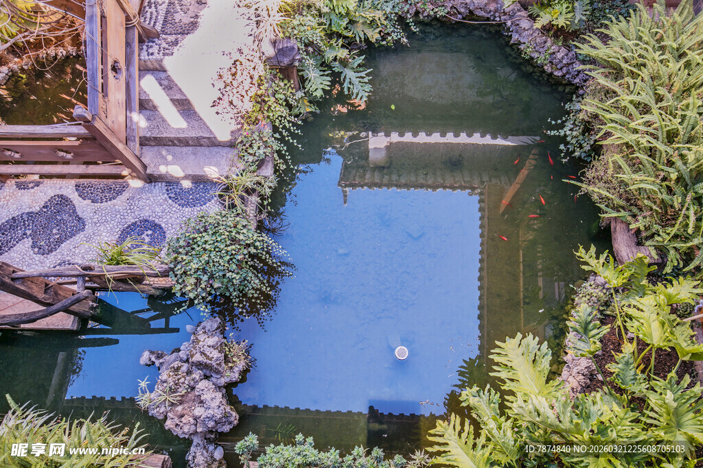 中式庭院中的静谧池塘