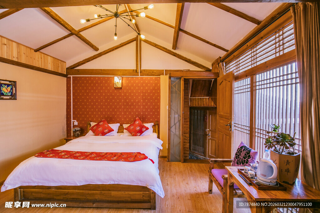 温馨木质风卧室民宿场景