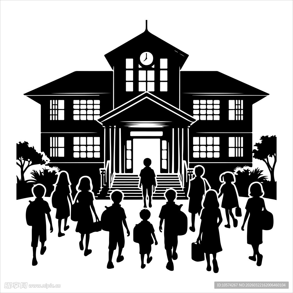 校园门前的师生剪影