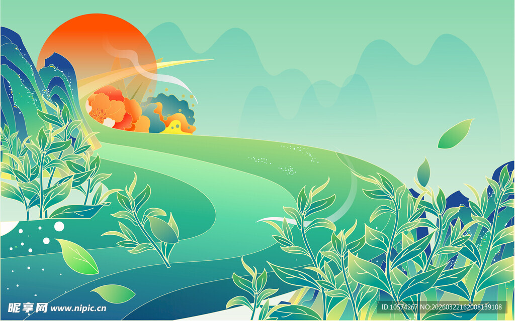 清明茶山田园风光插画