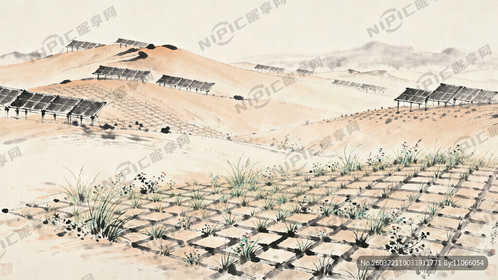 远景是沙丘 光伏治沙 方草格 