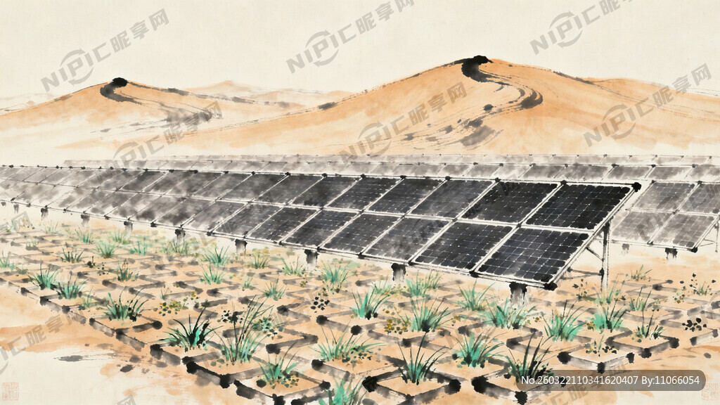 远景是沙丘 光伏治沙 国画风格