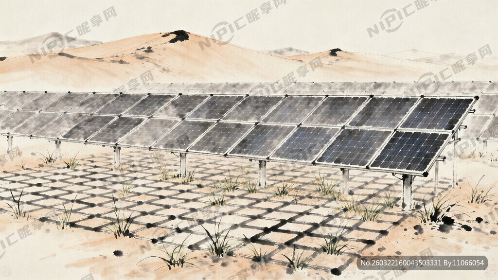 远景是沙丘 光伏治沙 