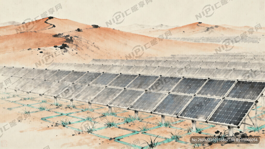 远景是沙丘 光伏治沙 