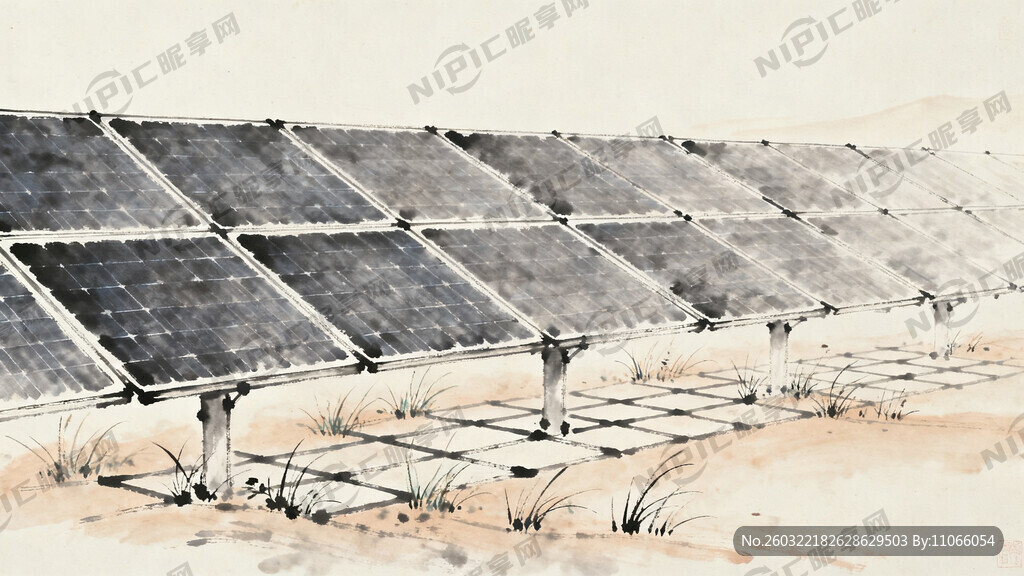 光伏治沙     国画风格画面