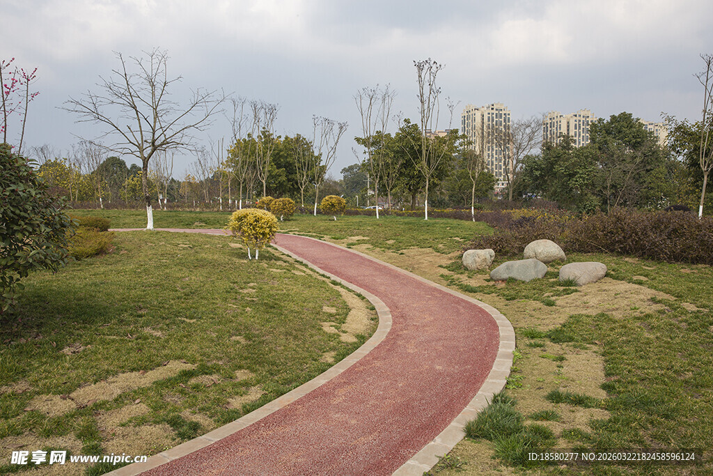 公园蜿蜒红径绿意盎然