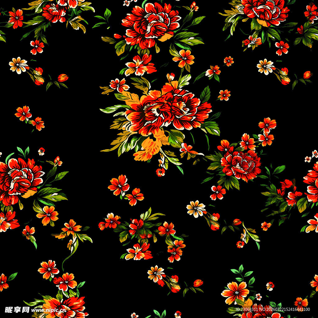 黑色底花卉图案印花