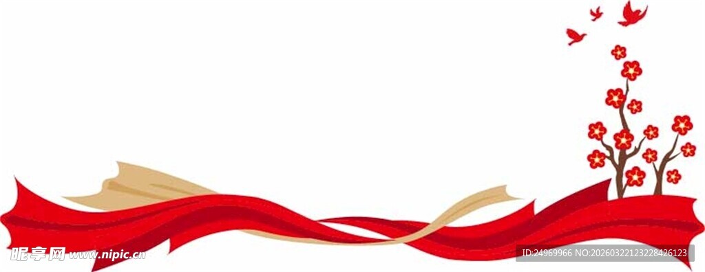 红色飘带伴花朵装饰元素