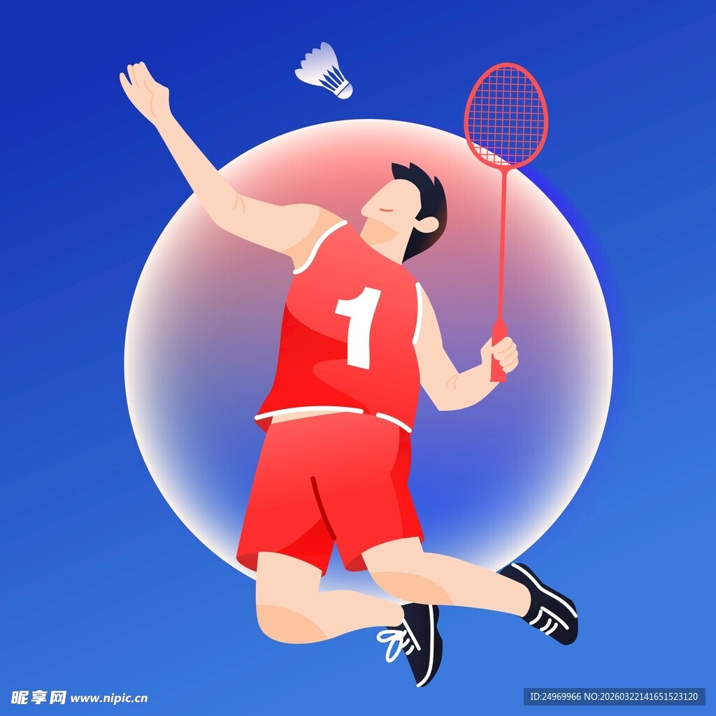 跃起击球的热血羽毛球运动员