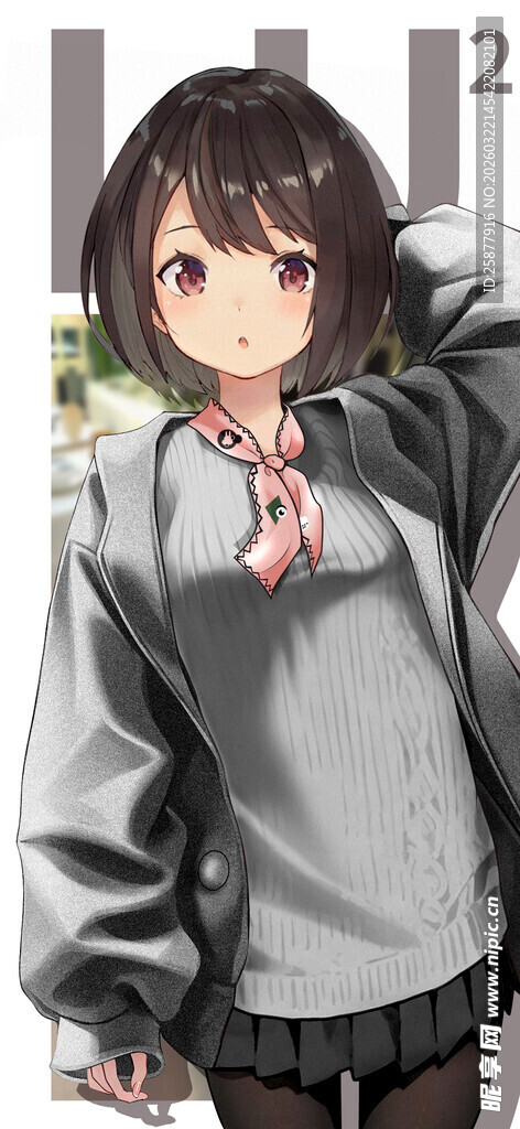 可爱动漫少女身着灰色上衣