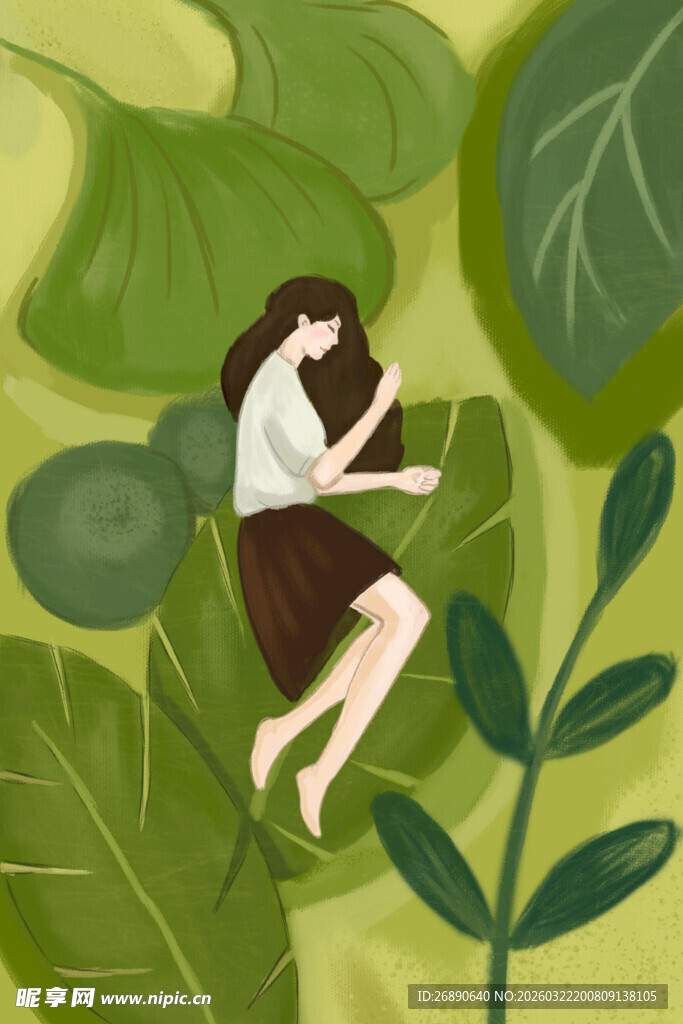 女孩于绿叶间惬意休憩