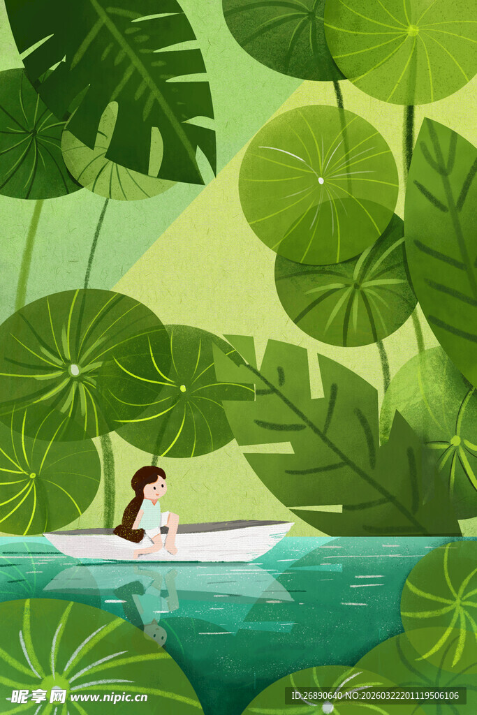 女子泛舟于绿意盎然的水域