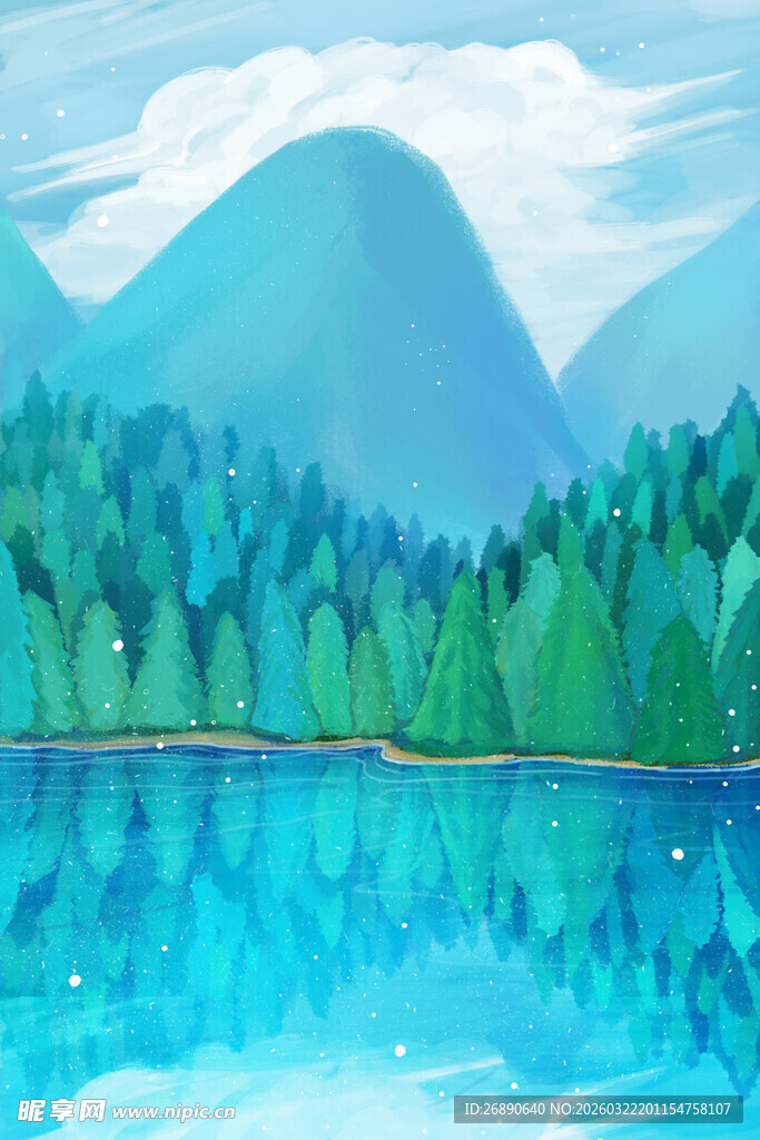 湖畔青山翠林风景图