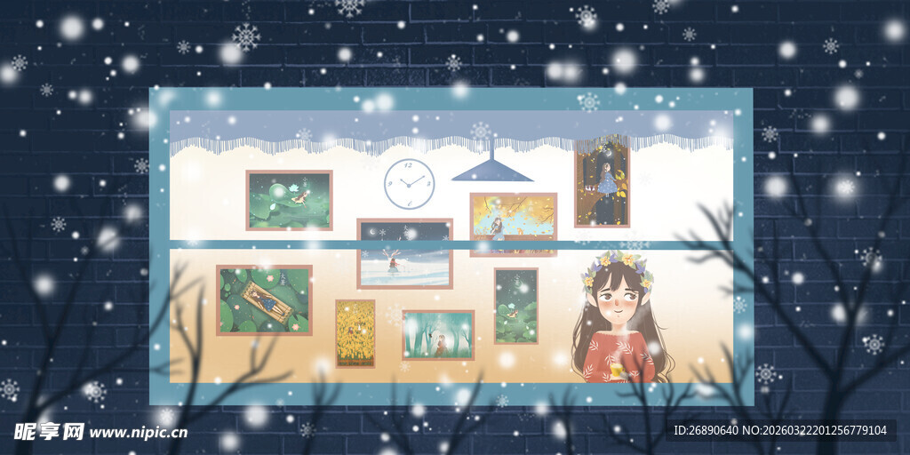 雪夜窗边的女孩