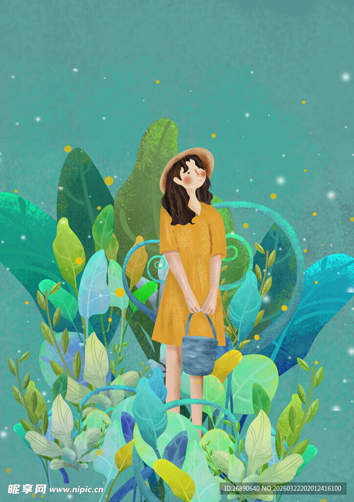 女孩置身繁茂绿植间