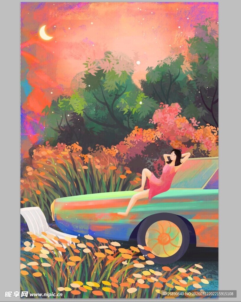 梦幻秋景中汽车上的惬意时刻