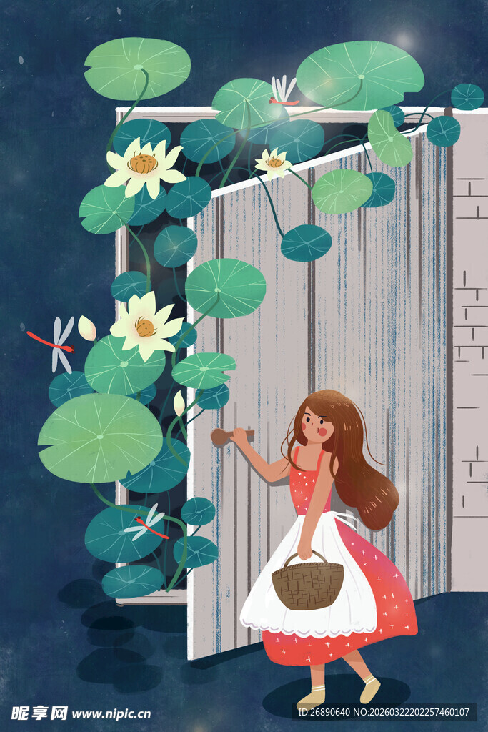 女孩于花丛边开启木门