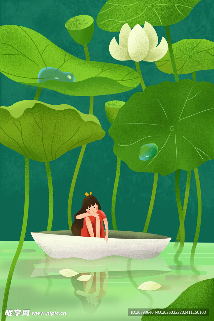 女子泛舟于荷塘之中