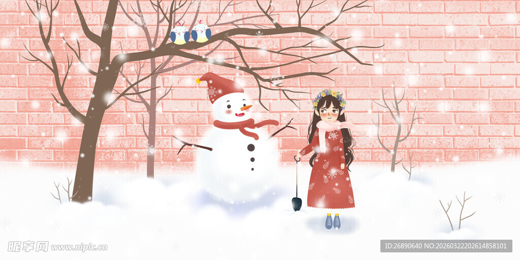 冬日女孩与雪人温馨场景