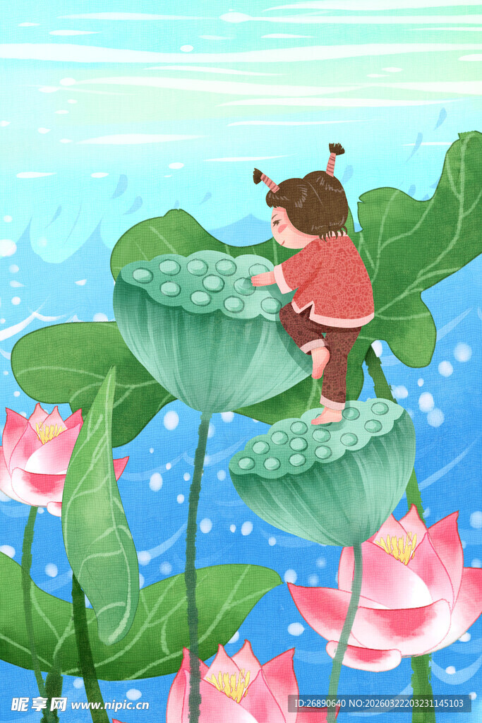 小女孩于荷叶间嬉戏