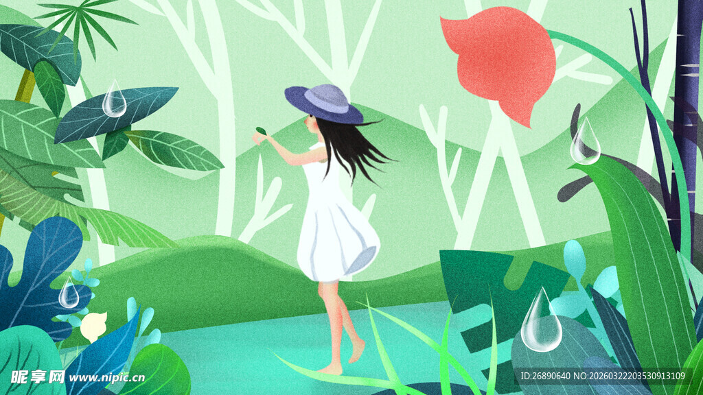 森林中漫步的白衣女孩