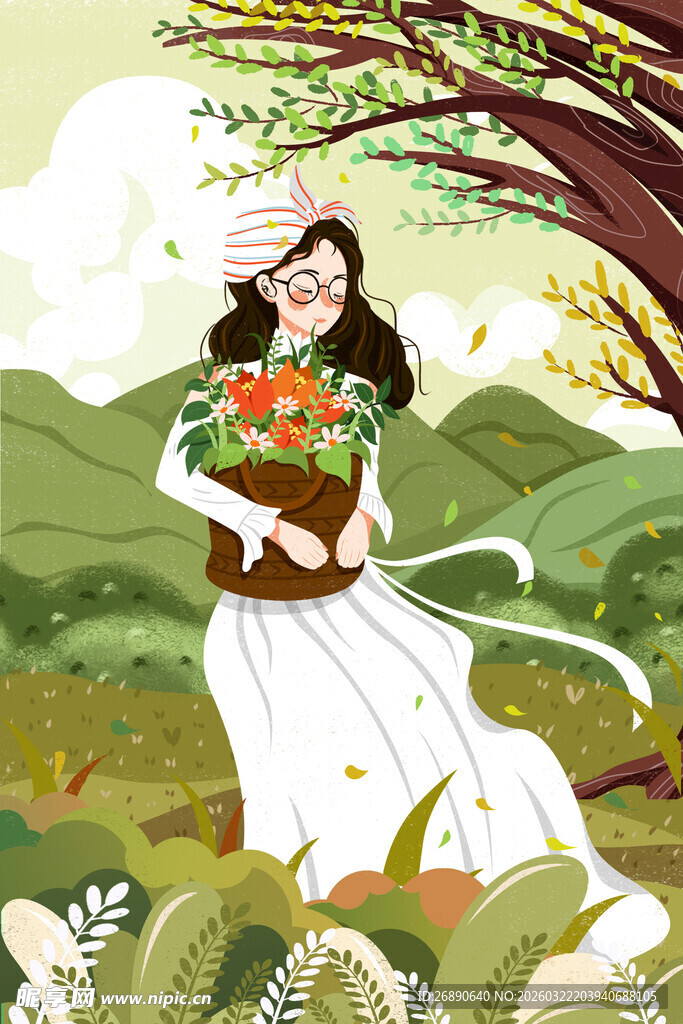 春日女子持花漫步田园