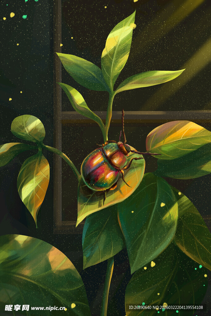 窗台上的多彩甲虫与绿植