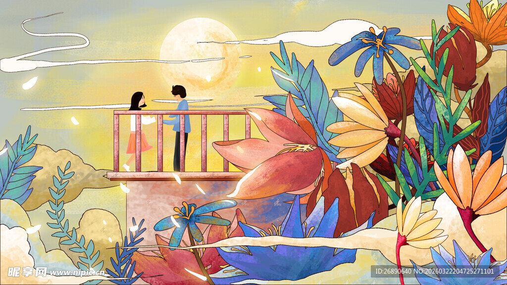 夕阳下情侣漫步梦幻花径