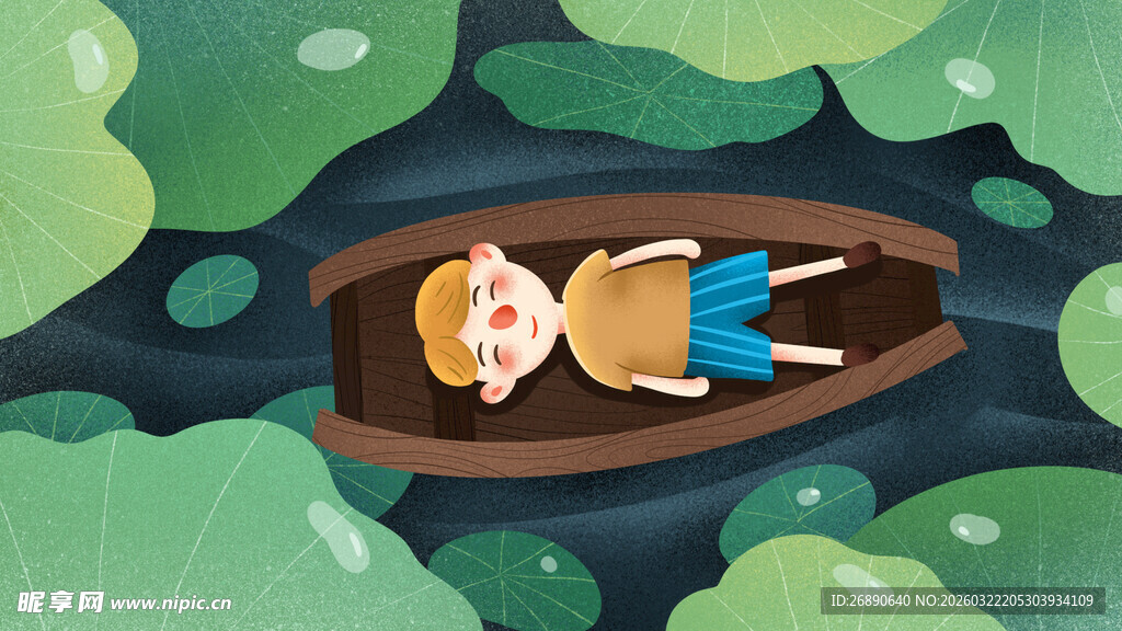 小船中的人物在绿意中