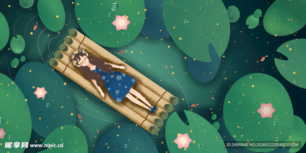 女子躺竹筏于荷塘间