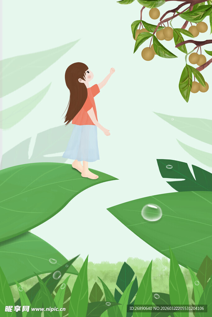 女孩于绿叶间伸手探枝