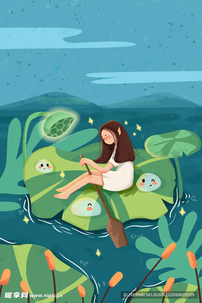 女孩静享荷叶上的惬意时光