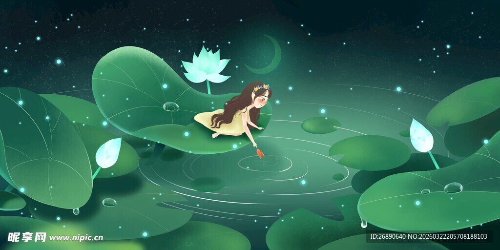 夜中精灵于荷叶间起舞