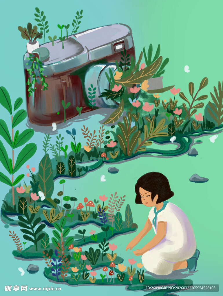 女孩与相机共赏花草世界