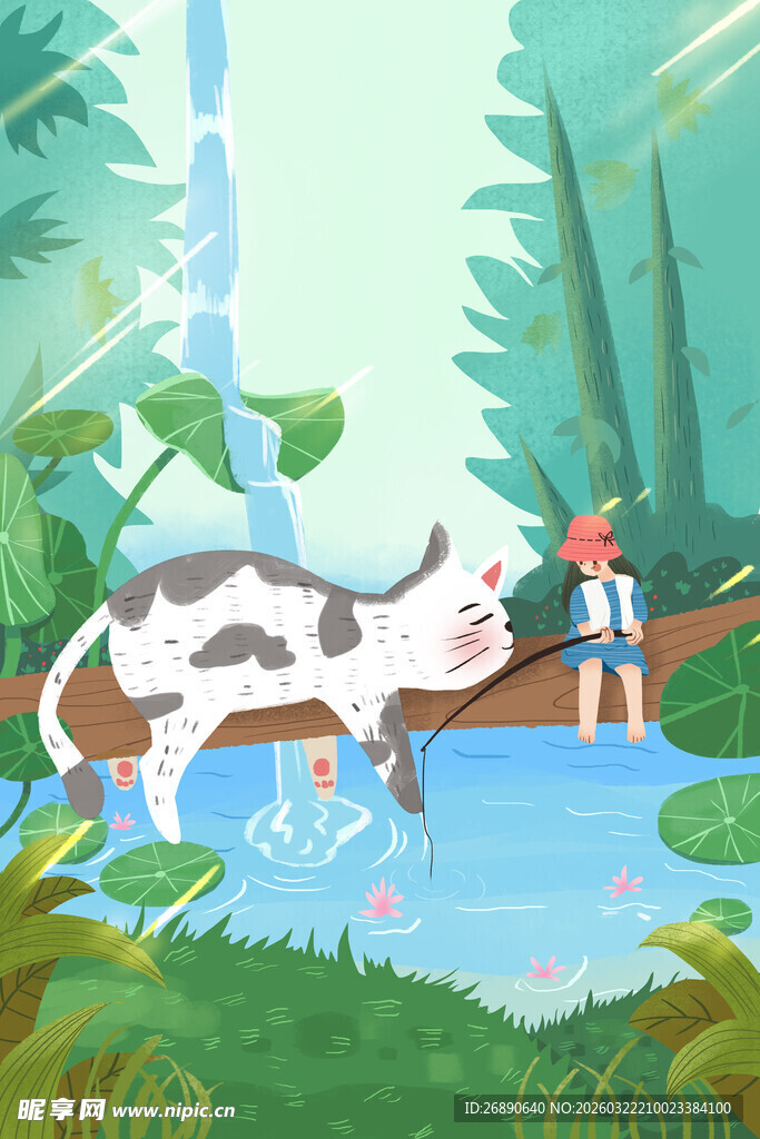 溪边放牛的男孩与牛