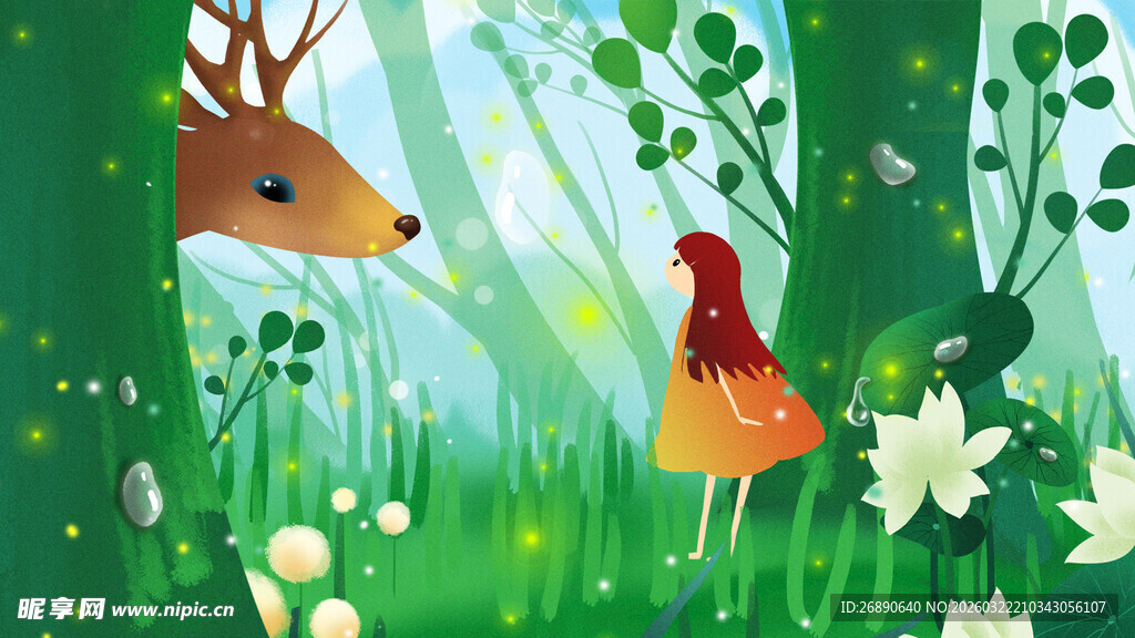 森林中鹿与红鸟的邂逅
