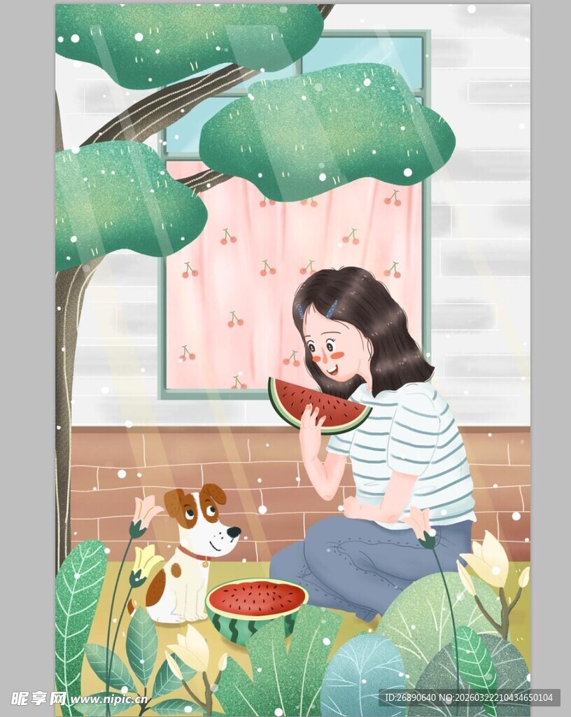 女孩与狗惬意享用西瓜