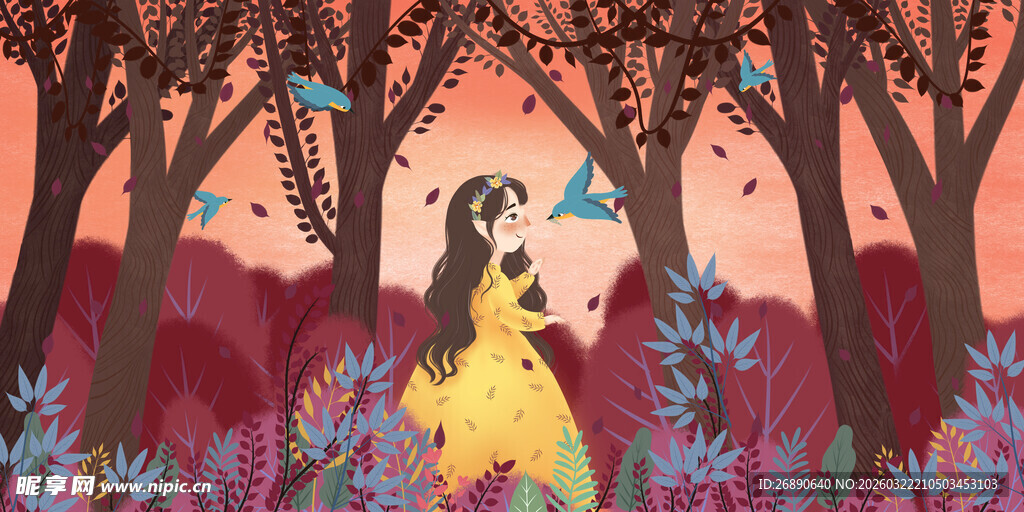 森林中漫步的梦幻女子