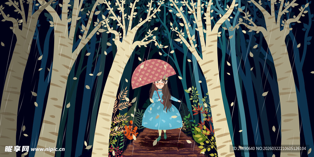 雨中漫步的森林奇幻场景