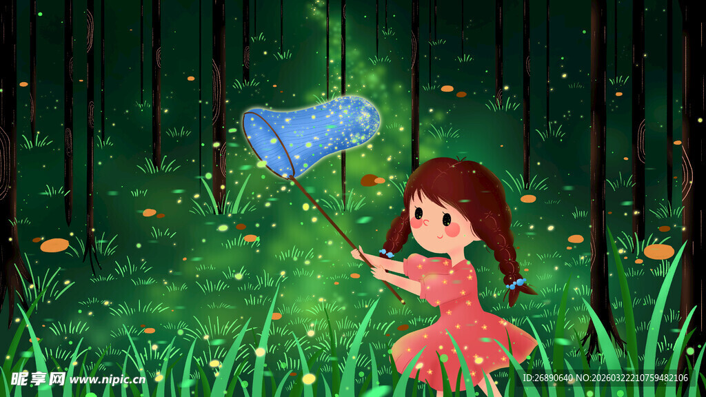 森林中女孩持网捕蝴蝶