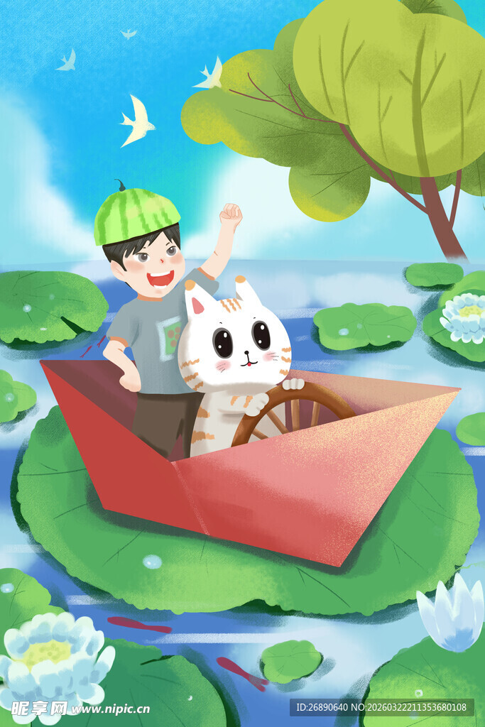 男孩与熊猫泛舟荷塘