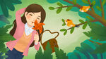 女孩林间赏蝶与鸟