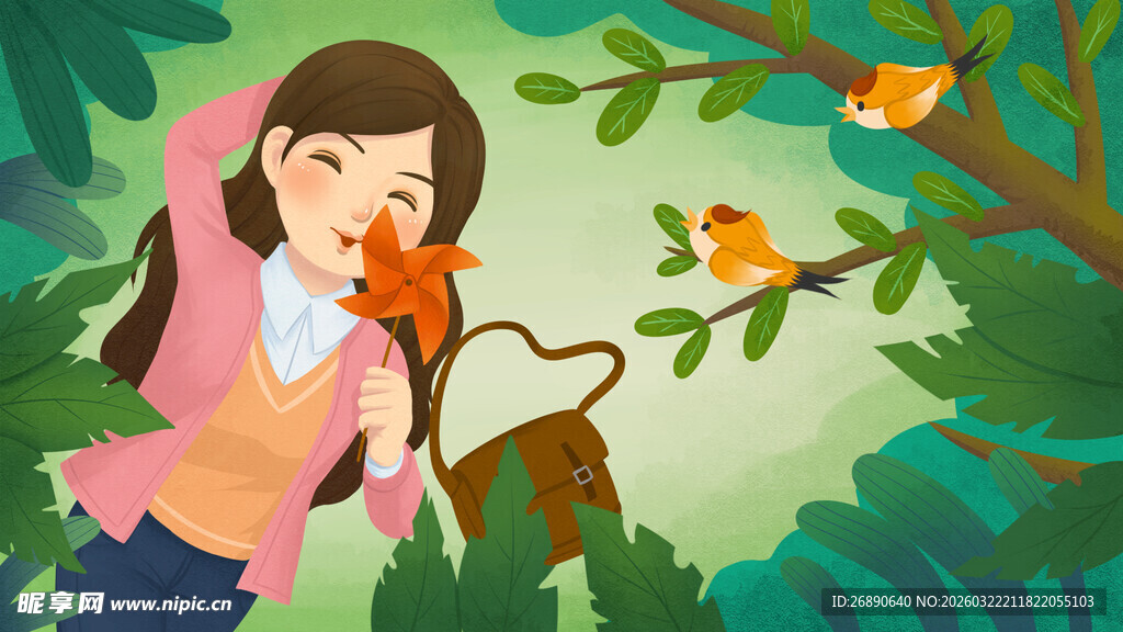 女孩林间赏蝶与鸟