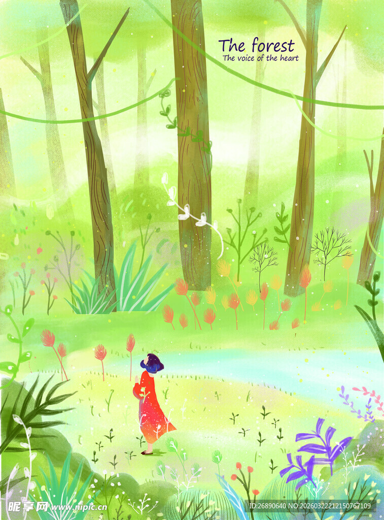 森林中的红衣少女漫步