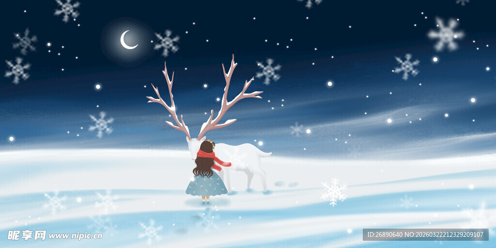 雪夜驯鹿的梦幻冬日景象