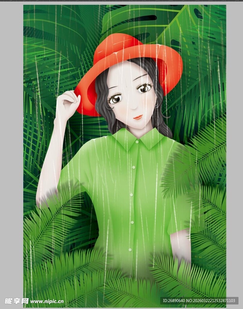 戴红帽穿绿衣的清新女孩